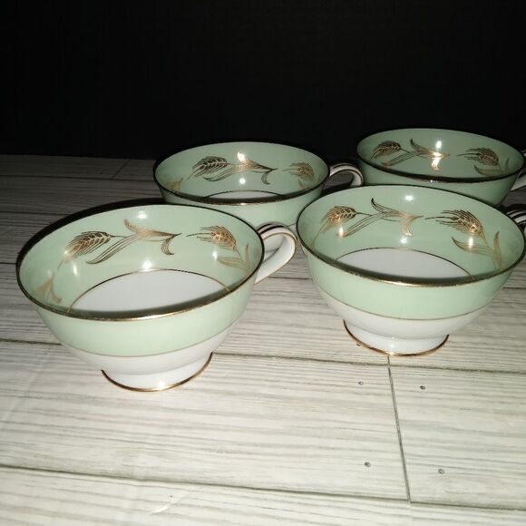 Noritake China 5267 Alice Tea Cups Set Of 6 Wide Green Border Gold Wheat Print - Picture 7 of 9